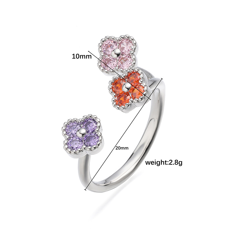 Copper Inlaid Colorful Diamond Lucky Four-Leaf Clover Ring, Exquisite Super Shiny Flower Petals Open Adjustable Ring