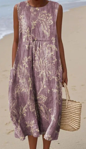 New Amazon Summer Sleeveless Pocket Casual Printed Long Dress Slim Fresh Style