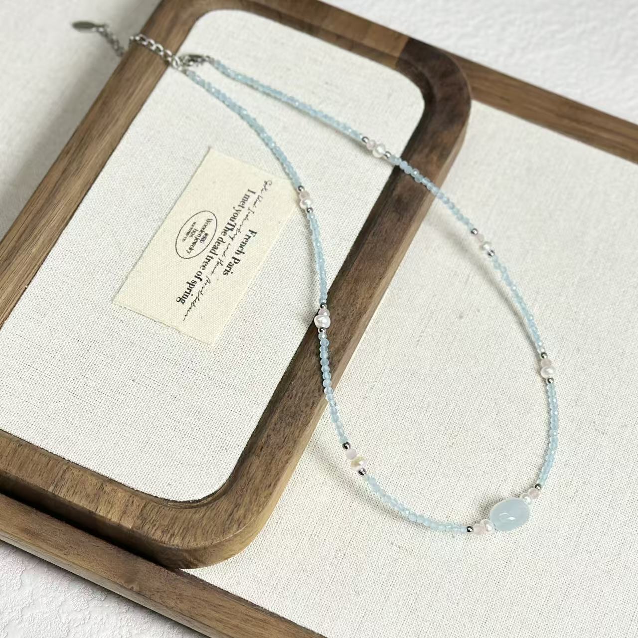 Spring Summer New Blue Cat's Eye Freshwater Pearl Necklace Women Beaded Small Simple Collarbone Chain Necklace