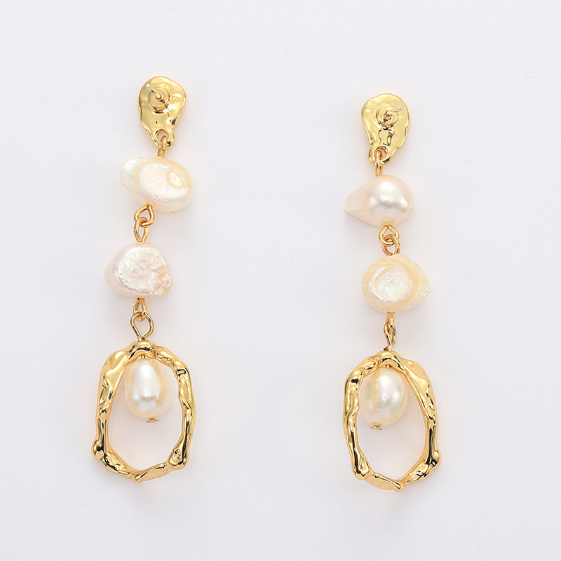 Metal gold geometric long freshwater pearl earrings exclusively supplied s925 silver needle earrings