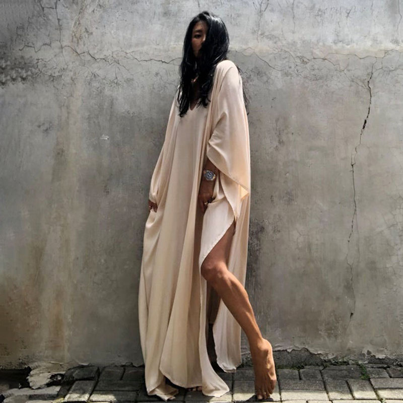 New Rayon Solid Color Cover Up Seaside Vacation Long Dress Loose Cover Up Bikini Swimsuit Long Dress Outer Women