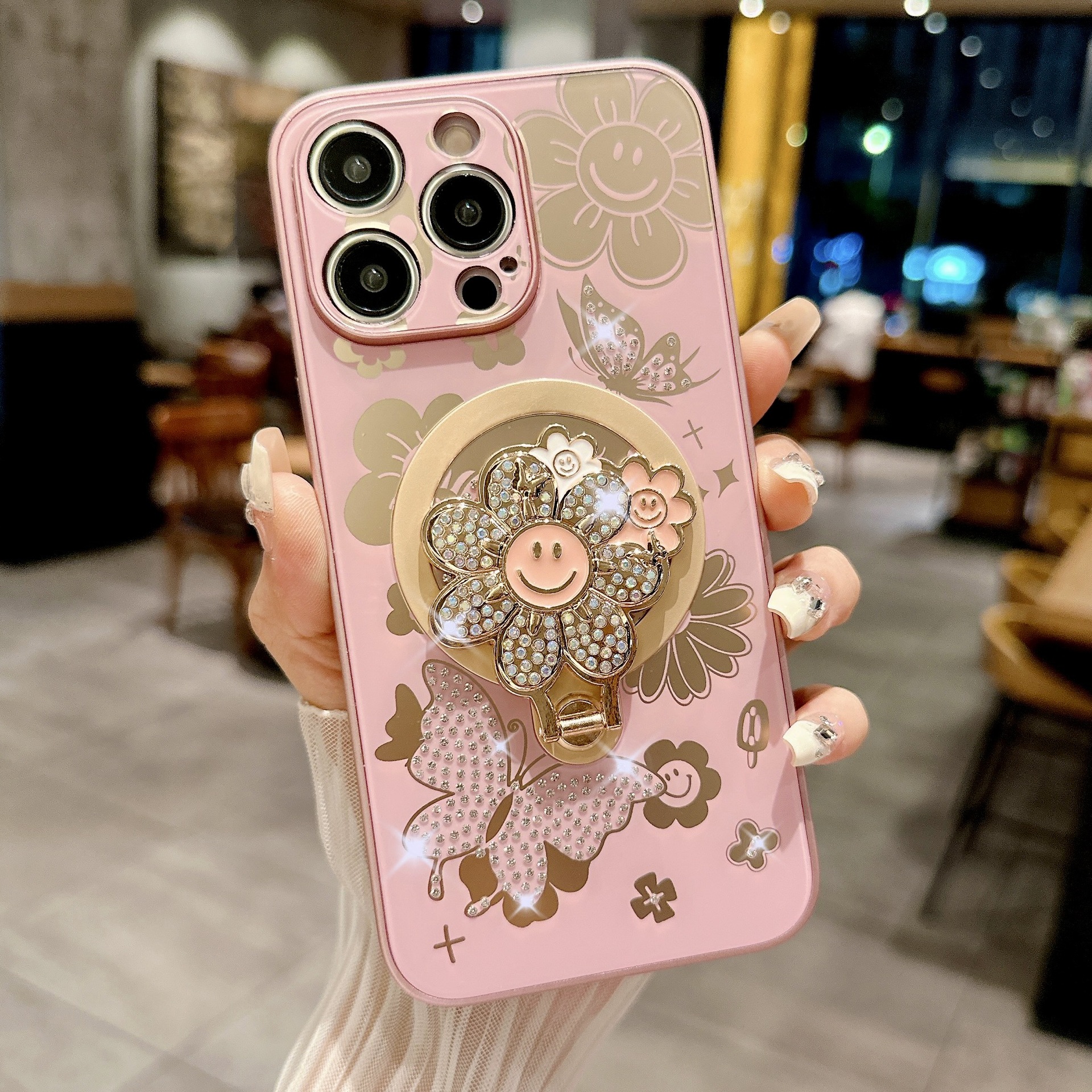 Compatible with iPhone 17 Pro Max phone case Apple 15 14 13 protective case rhinestone butterfly like flower magnetic bracket