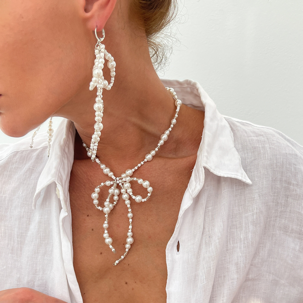 Accessories Size Pearl Earrings Simple Rice Bead Bow Earring Necklace Set