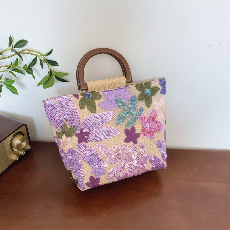Linen Bamboo Knot Handle Bag 2025 New Chinese Style Women's Flower Large Capacity Handbag