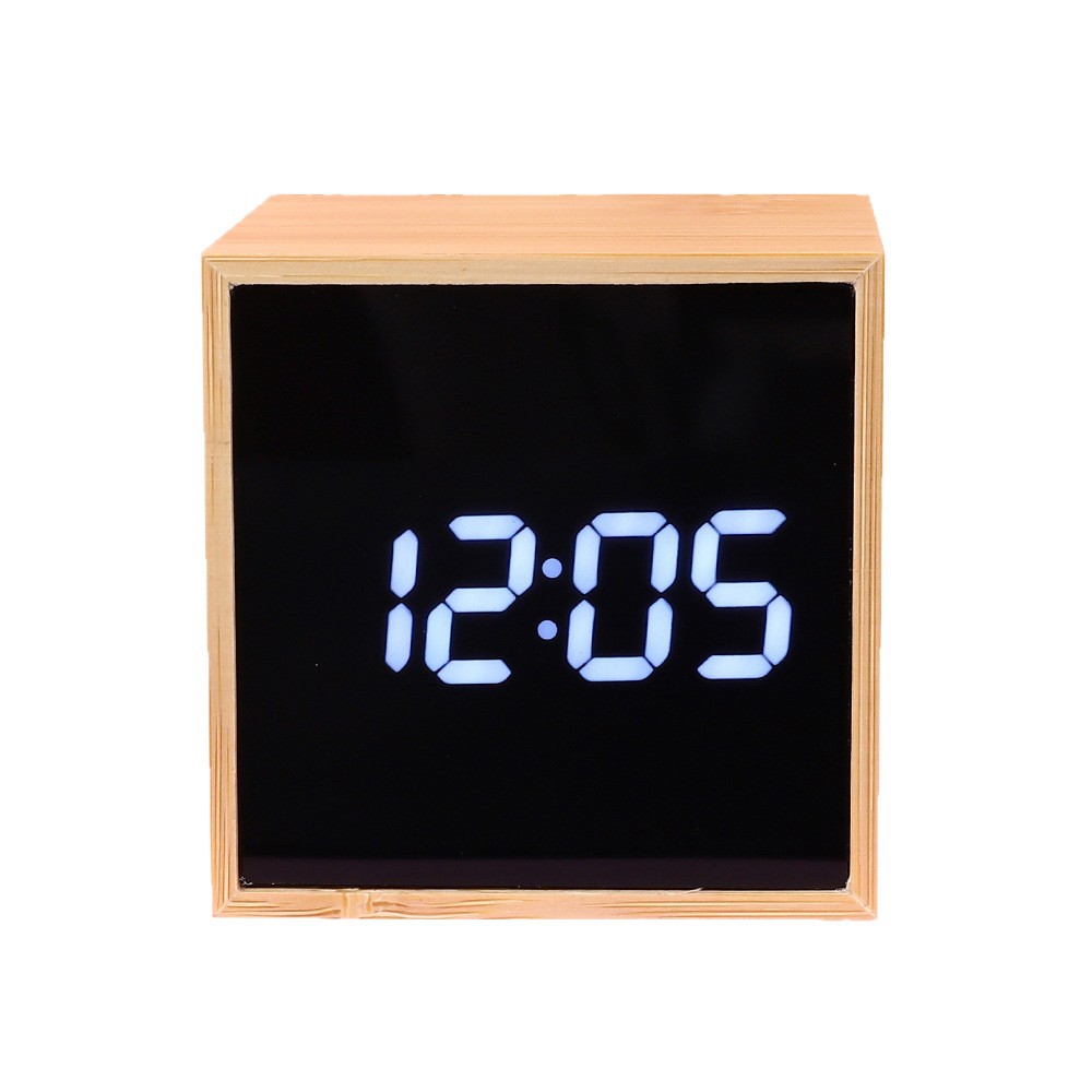 Square bamboo wood mirror surface LED thermometer electronic clock, Japanese and Korean perpetual calendar wooden alarm clock clock