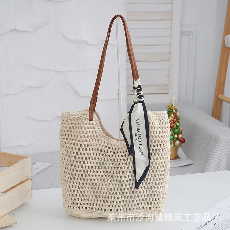 New large capacity single-shoulder cotton woven bag new hollow mesh tote bag seaside vacation beach bag women's bag