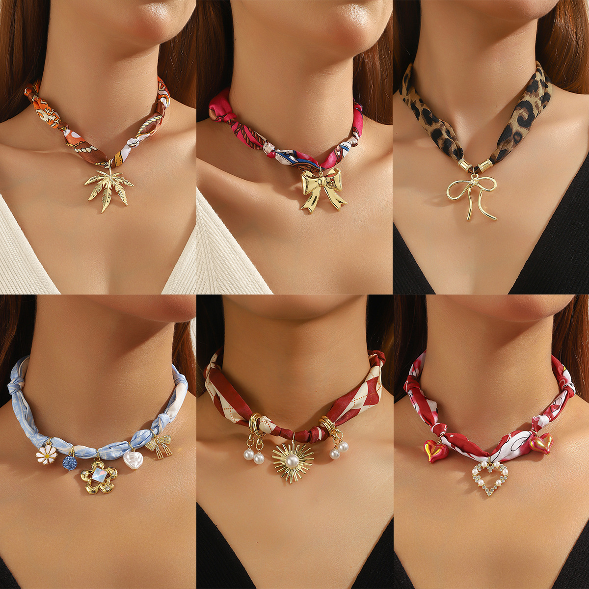 Jewelry long fabric necklace multi-pendant pearl colorful silk scarf necklace