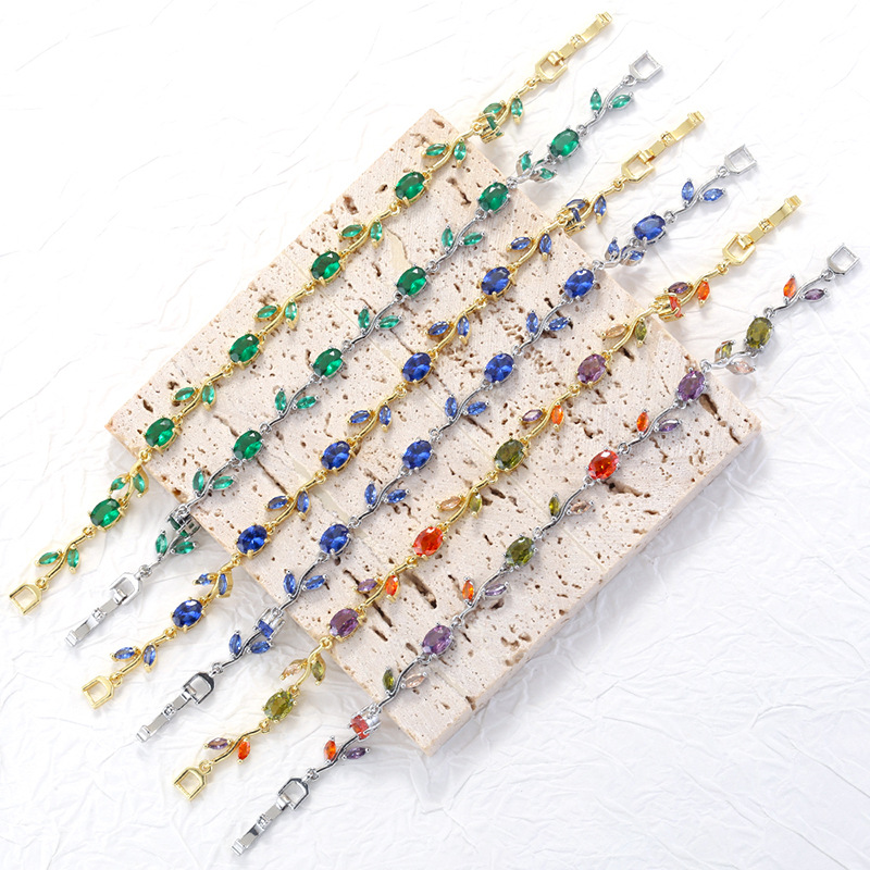 Copper Inlaid Colorful Diamond Branch and Petal Bracelet Leaf Tulip Layered Hand Jewelry