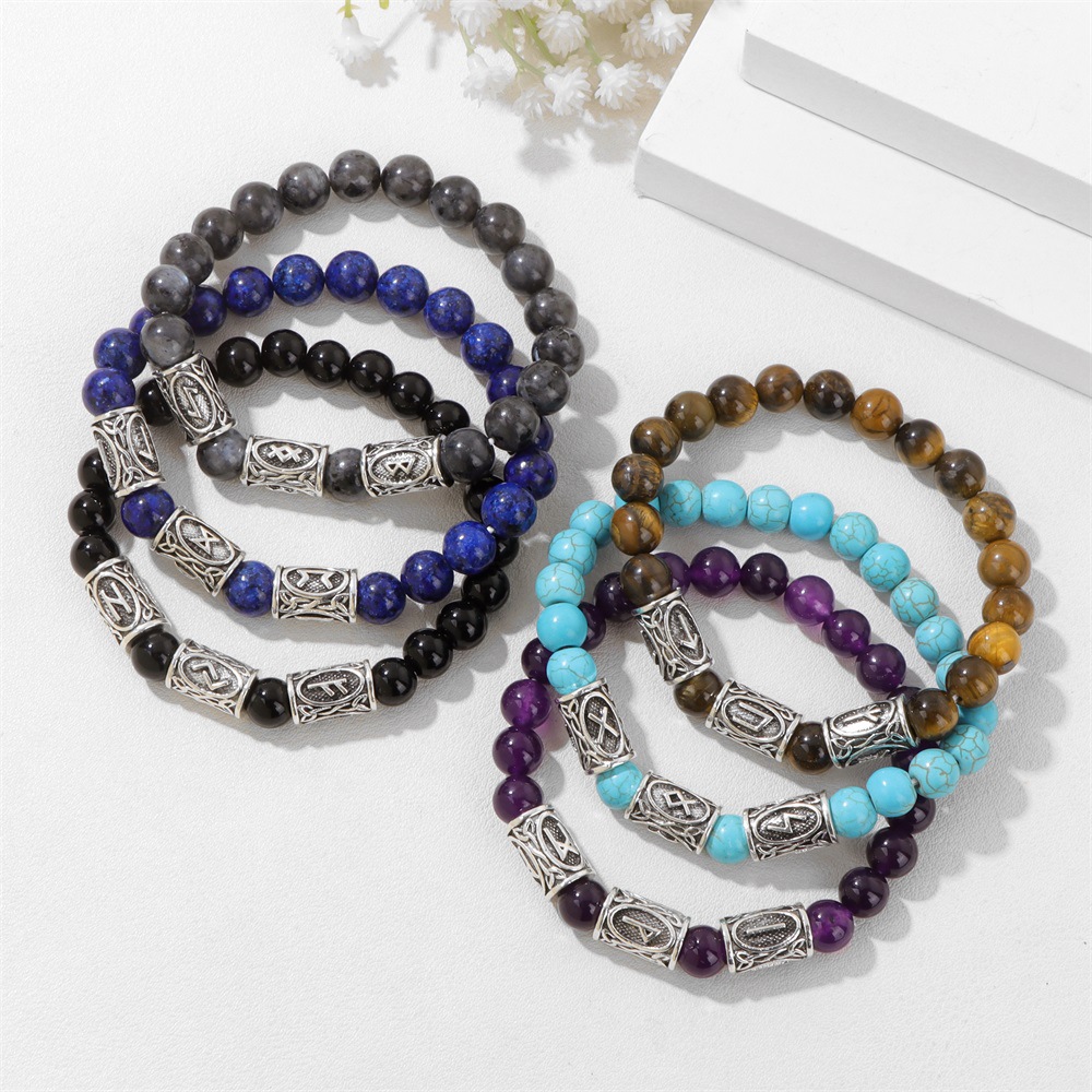 New rune symbol Norway bracelet for men tiger eye stone turquoise elastic rope unisex bracelet