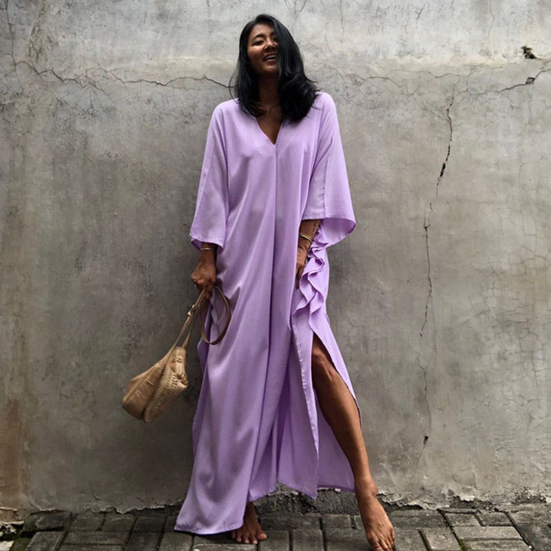 New Rayon Solid Color Cover Up Seaside Vacation Long Dress Loose Cover Up Bikini Swimsuit Long Dress Outer Women
