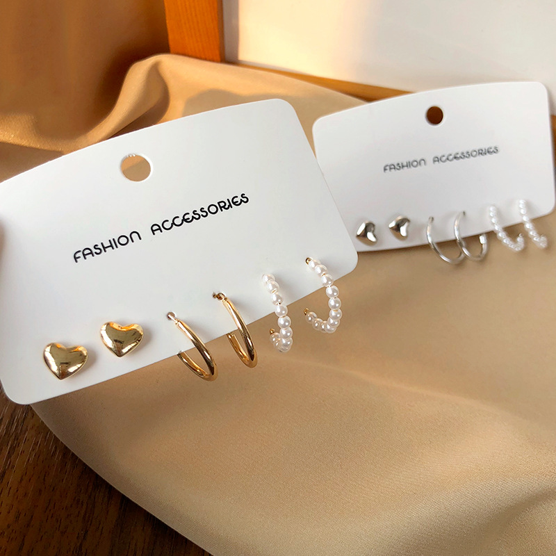 S925 silver needle simple heart-shaped ear studs C-shaped pearl earring three-piece set ear accessories 2664