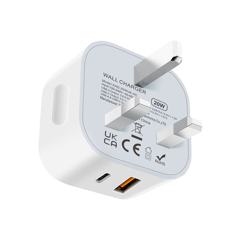 PD20W charger for Samsung Apple 15 charger UKCA certified 20W UK standard AC multi-port plug