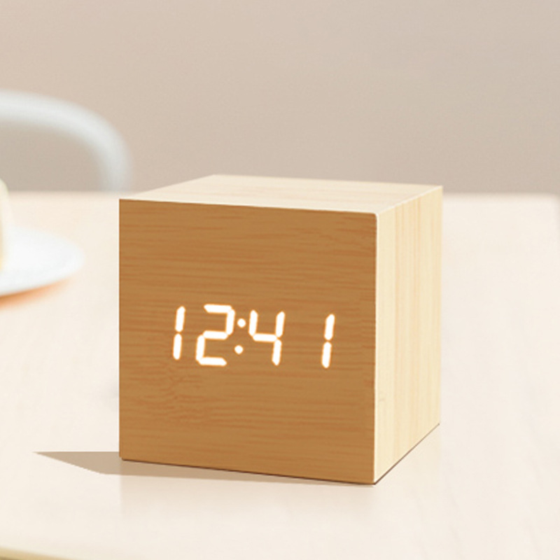 LED Wooden Clock Multifunctional Smart Alarm Clock Student Gift Electronic Clock Bedside Night Light Simple Clock