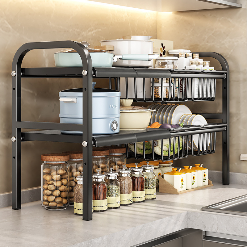 Japanese and Korean kitchen under-sink telescopic storage rack cabinet layered storage rack under washbasin storage