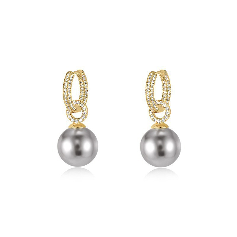 Zircon-set gray pearl earrings, goddess style, detachable round shell pearl earrings
