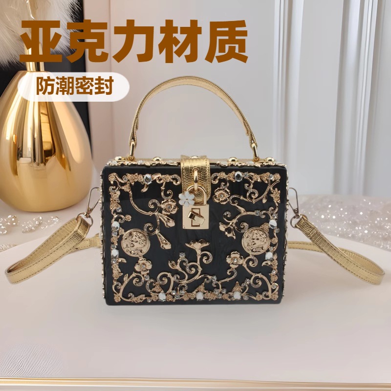 Acrylic Evening Bag Hollow Metal Carved Rhinestone Handbag Shoulder Crossbody Women's Bag