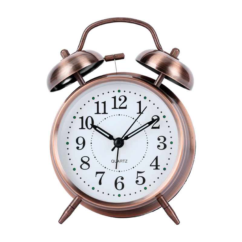 Vintage bronze metal bell alarm clock, luminous silent sweep-second bedroom clock clock