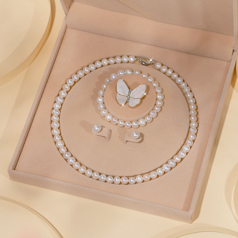 Zhuji Natural Freshwater Pearl Necklace for Women S925 Sterling Silver Three-Piece Set Clavicle Chain Set Mother's Day Gift