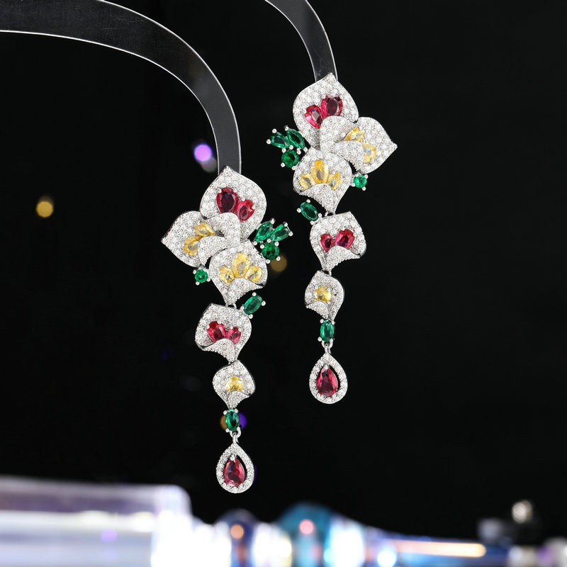 Heavy Craft Earrings Dress Matching Petal Long Elegant Flower Zircon Earrings