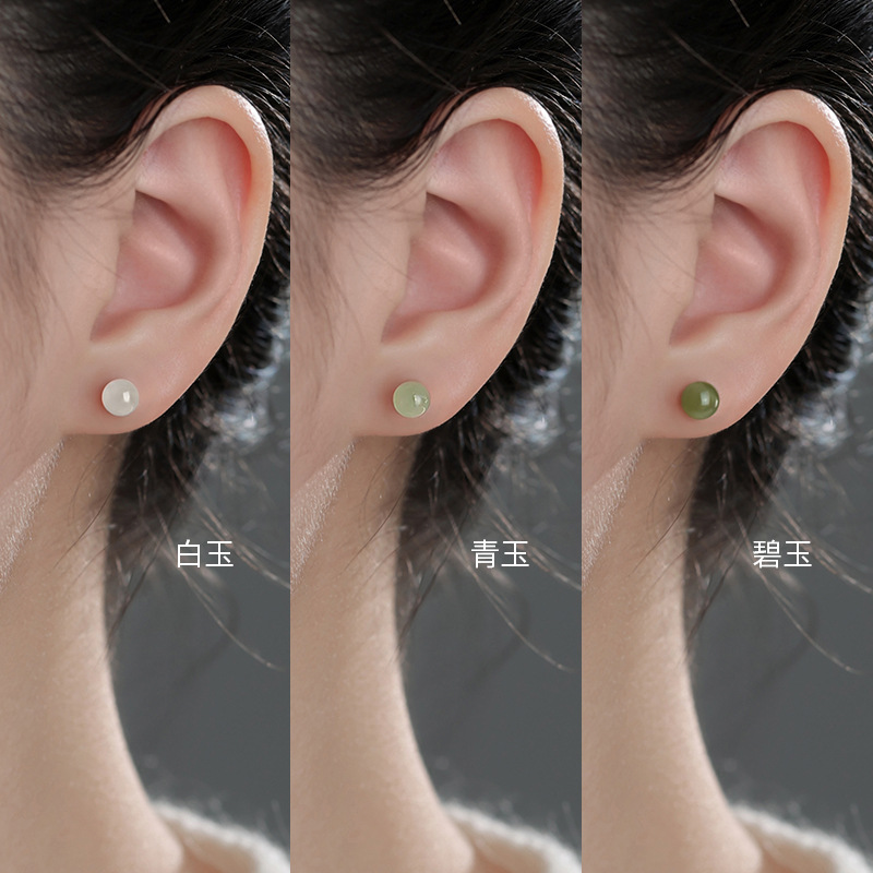 Natural Tian jade ear studs s999 pure silver earrings for women, delicate small ear studs, Chinese-style new Chinese-style ear accessories