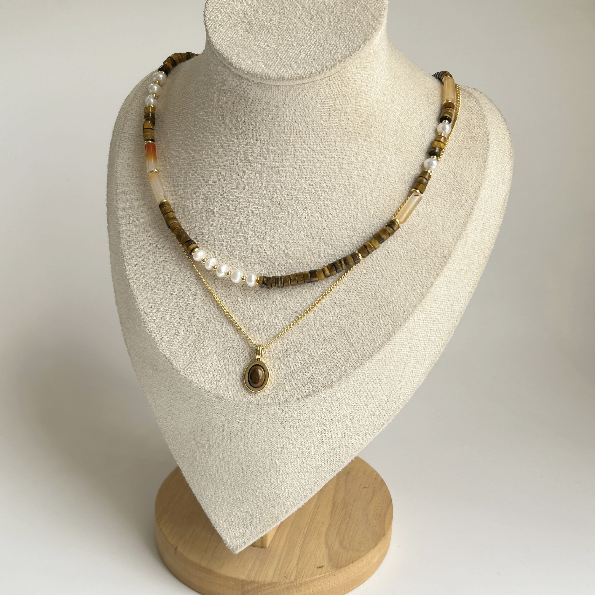 Tiger eye stone mother-of-pearl agate natural bead necklace for women new Chinese-style sweater chain