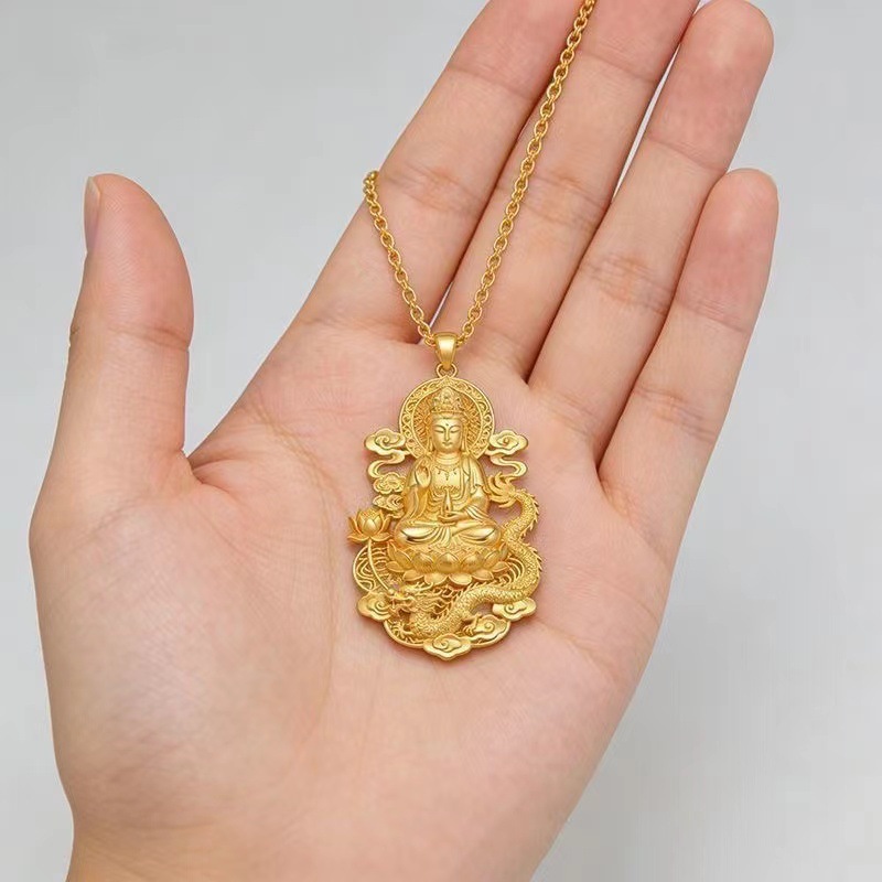 Imitation gold Chinese style dragon brand Guanyin Buddha head pendant peace buckle pendant necklace for men and women
