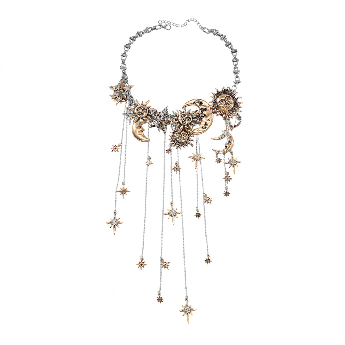 ZA exaggerated big brand multi-layer tassel pendant moon star sun full rhinestone necklace for women bohemian style