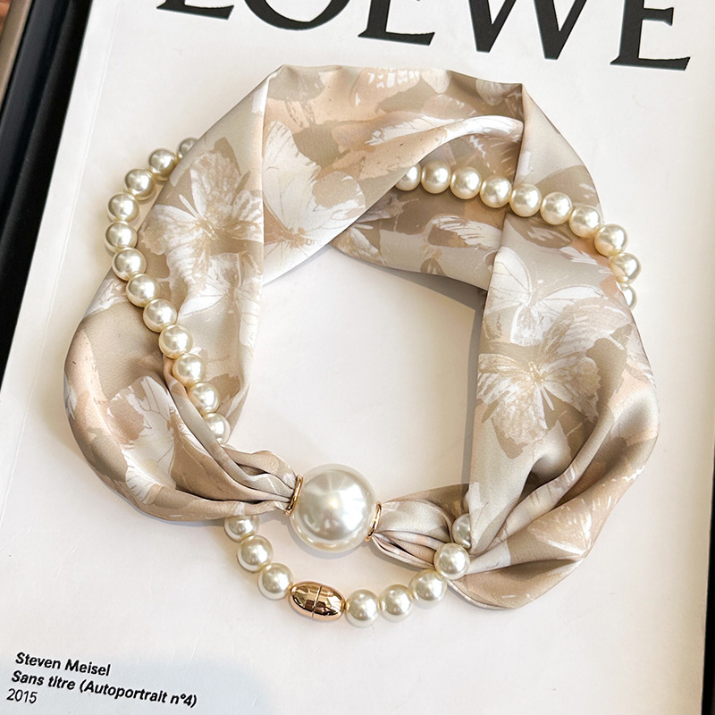 Magnetic buckle pearl necklace small long strip silk scarf women mother neck protection lazy matching shirt thin scarf