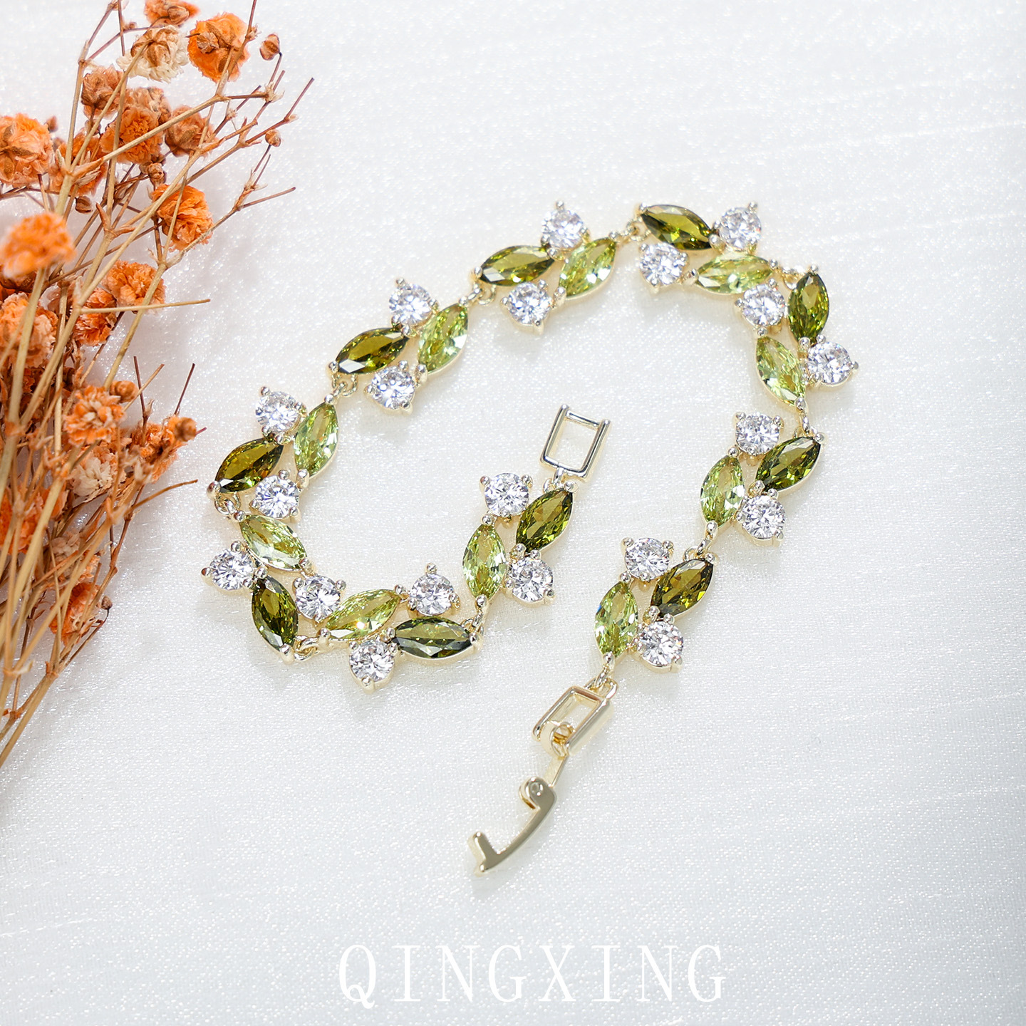 Olive Green Zirconia Bracelet Women's Small Willow Leaf Brightening Fresh Forest Style Accessory