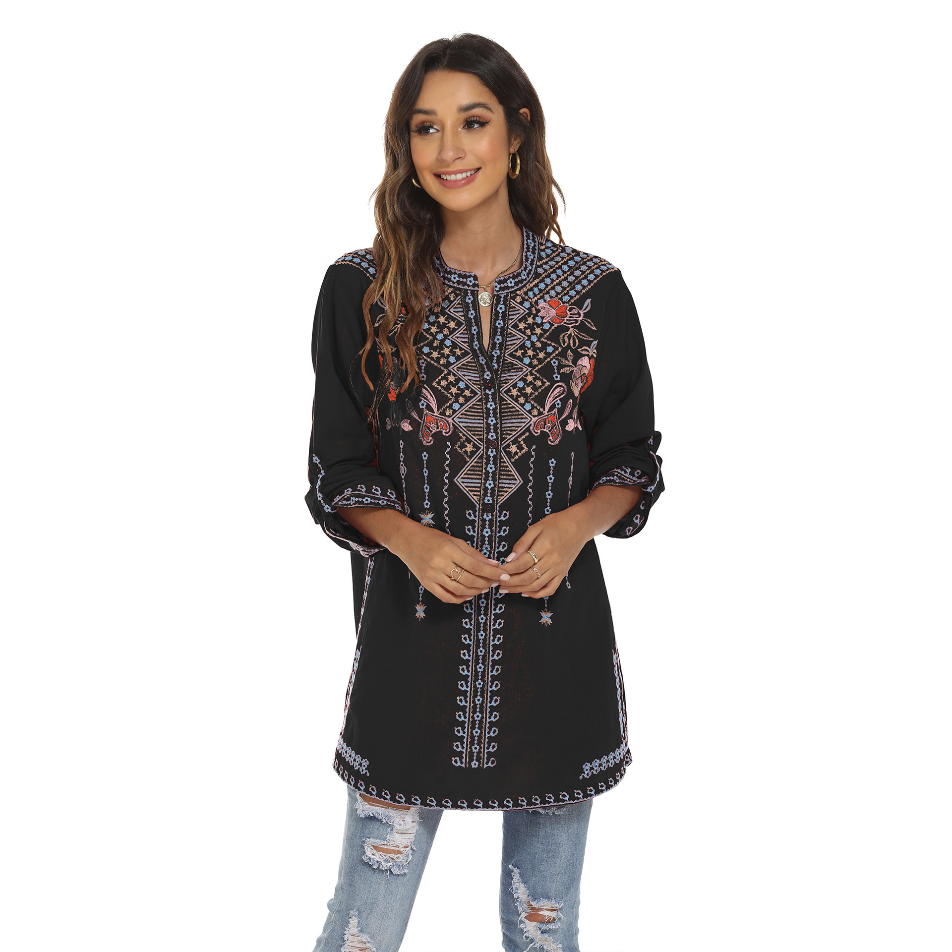 2023 women's long sleeve shirt embroidered overseas mid-length stand collar shirt