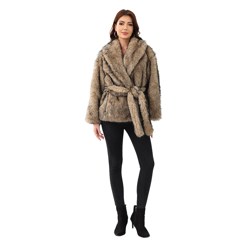 Faux fur with belt mid-length jacket women's clothing warm thickened plush long sleeve Haining Guanchen