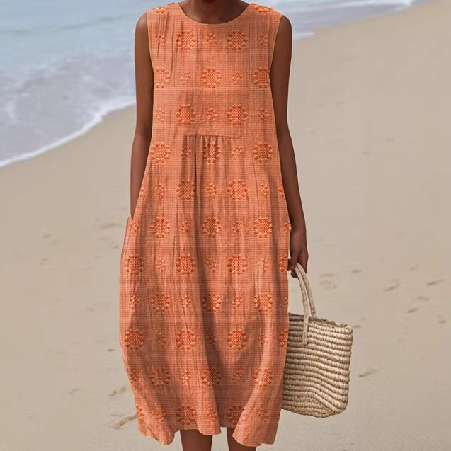 2026 New Sleeveless Printed Dress Beach Vacation Loose Mid Length Round Neck Dress Seaside Vacation Dress