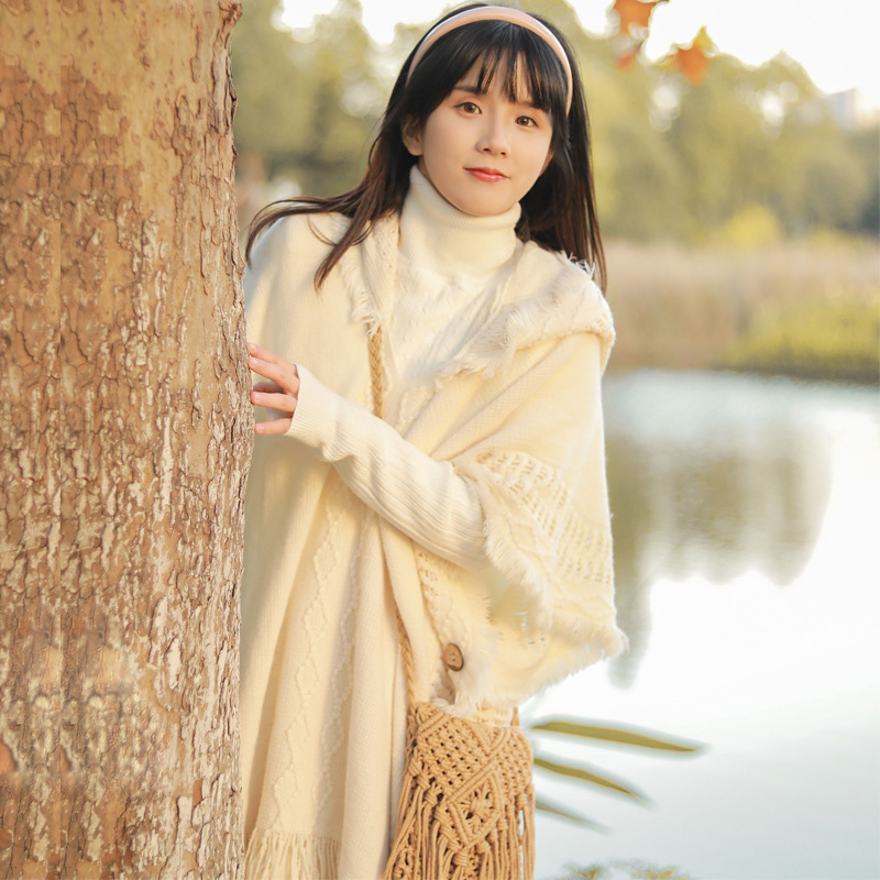 Button Shawl Bohemian Fringe Sweater Knit Top Yunnan Qinghai Travel Pullover Hooded Cape Spring Autumn Women