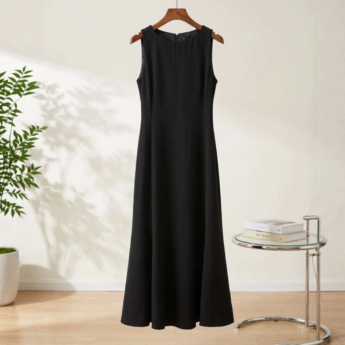 th**ry A-line acetate dress women summer Hepburn style sleeveless fishtail umbrella swing vest dress midi