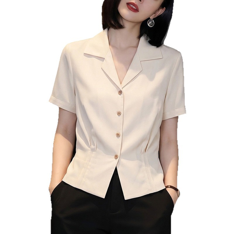 Suit Collar Waist-Nipped Short-Sleeve Shirt for Women 2026 Summer New Slimming Top