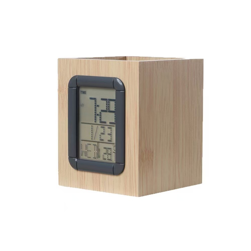 Alarm clock bamboo digital pen holder clock, snooze LED clock pen holder, student children's desktop gift clock