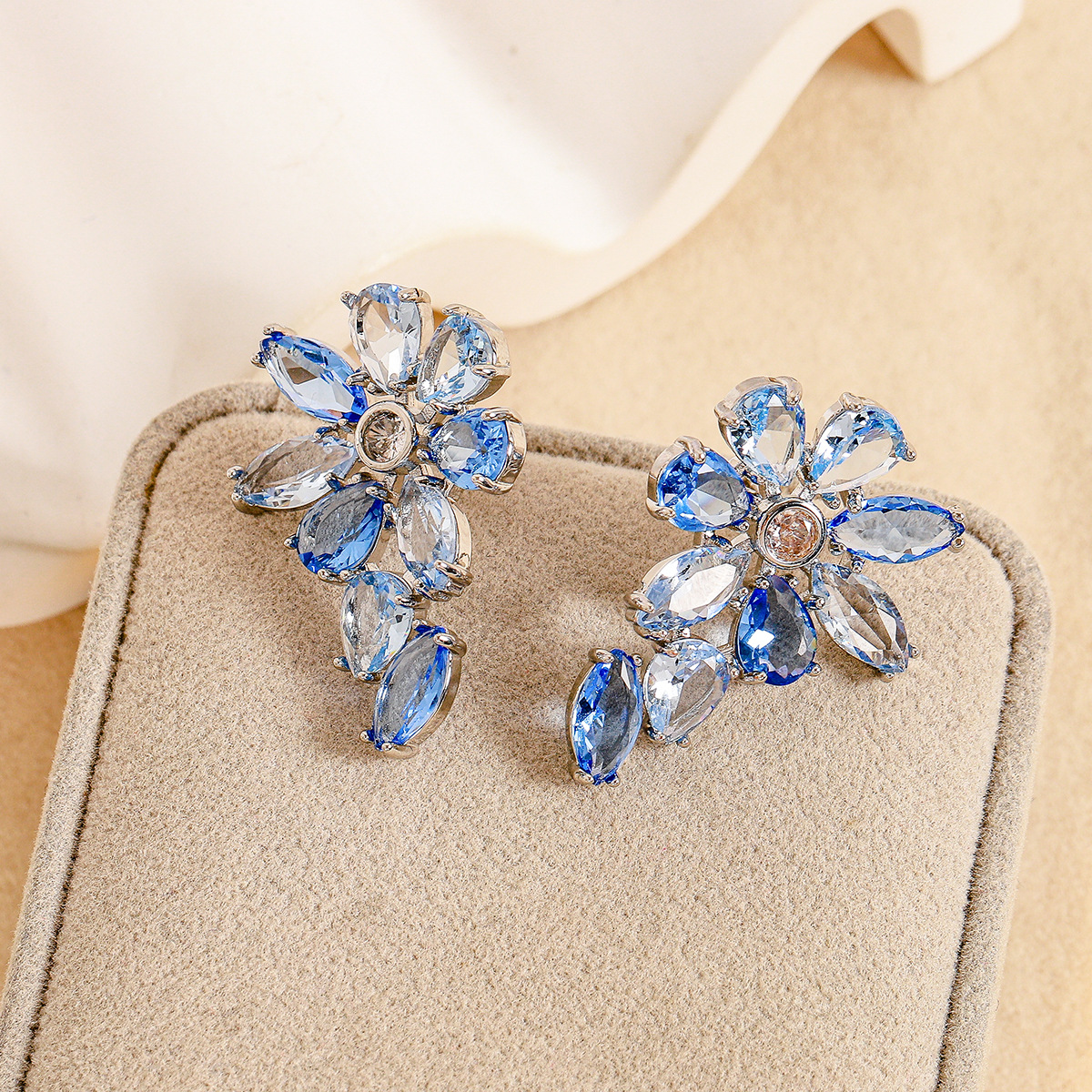 Crystal blue-white irregular floral shape earrings stud earrings for women