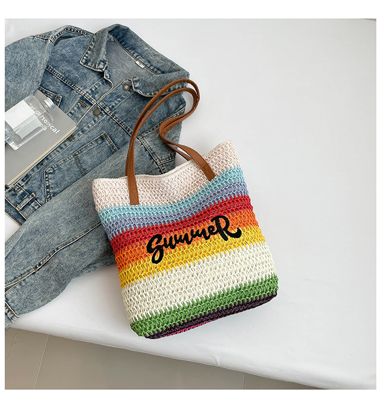 2026 new straw woven bag women's large capacity shopping bag striped letter beach bag embroidered handbag