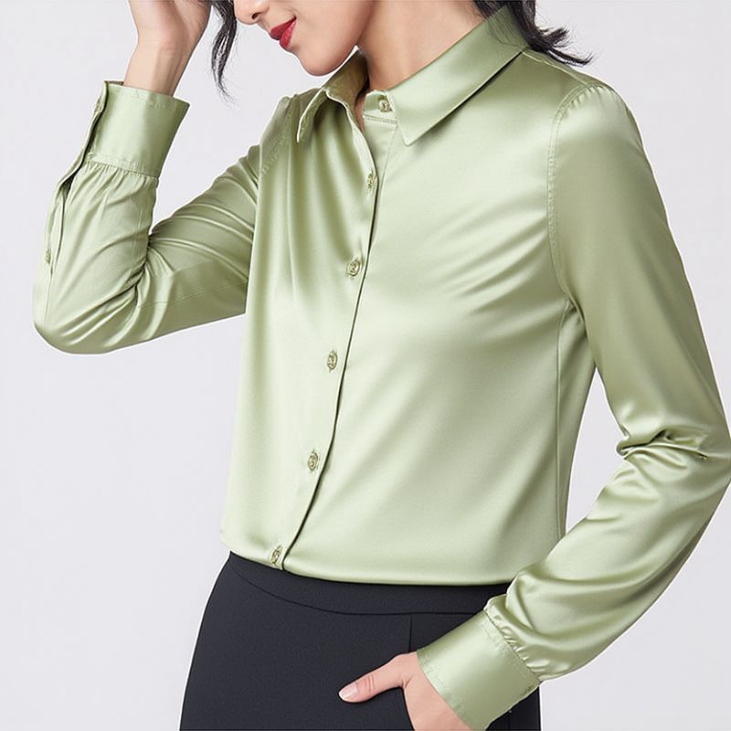 Mulberry silk long-sleeved shirt for women 2026 spring/autumn professional contrasting color commuter shirt slim fit square collar top