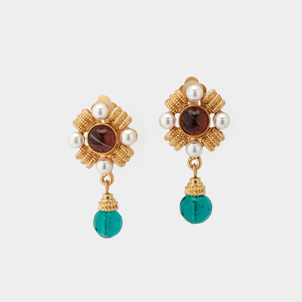 Vintage Glass Brass Elegant Delicate Two-Tone Pendant Earrings Ear Clips