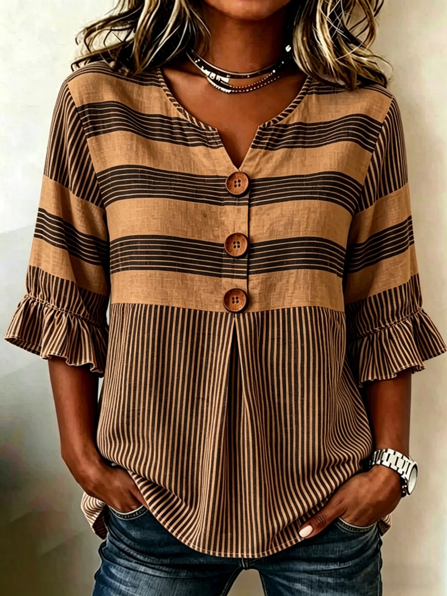 2026 Independent Station Summer New Plaid Striped Print Half Sleeve Button Top