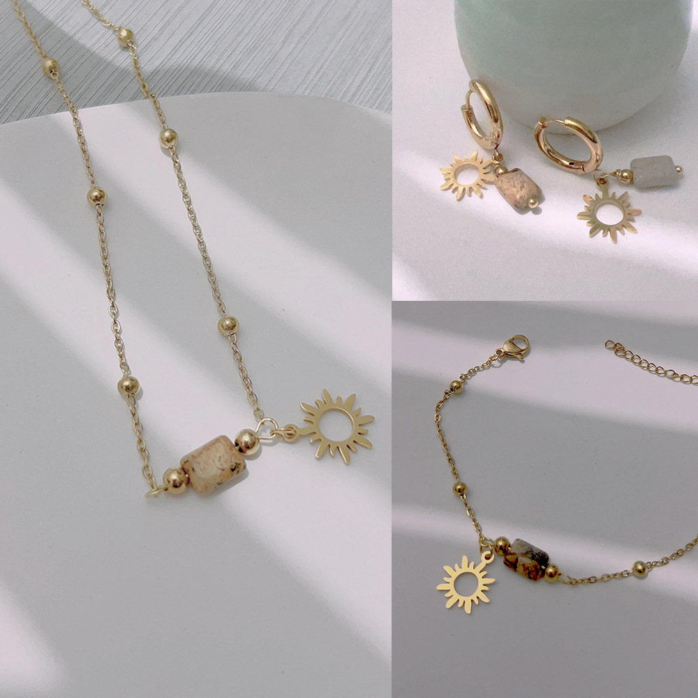 New Natural Picture Stone Jewelry Set: Titanium Steel Necklace with 18K Gold Plating