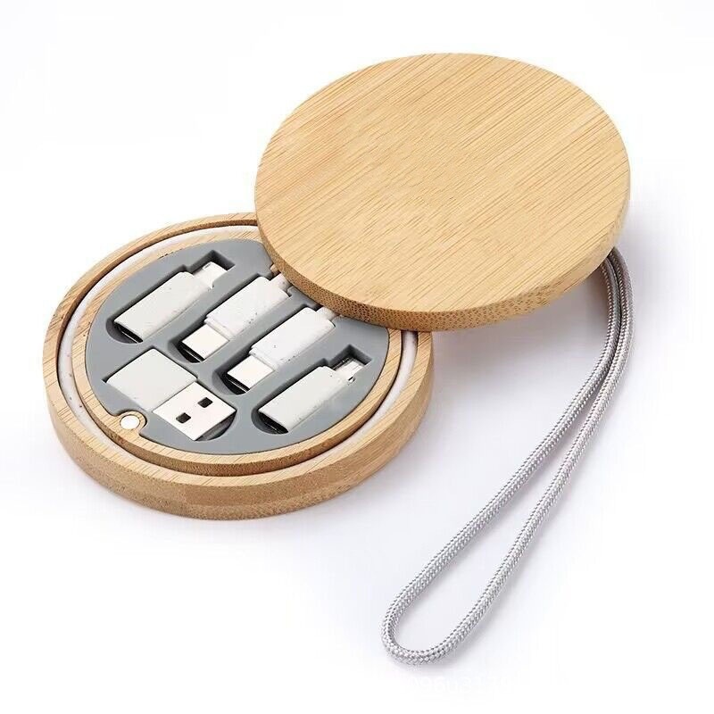 Eco-friendly bamboo wood material 60W wheat straw data cable storage box with 15W fast charging wireless charger