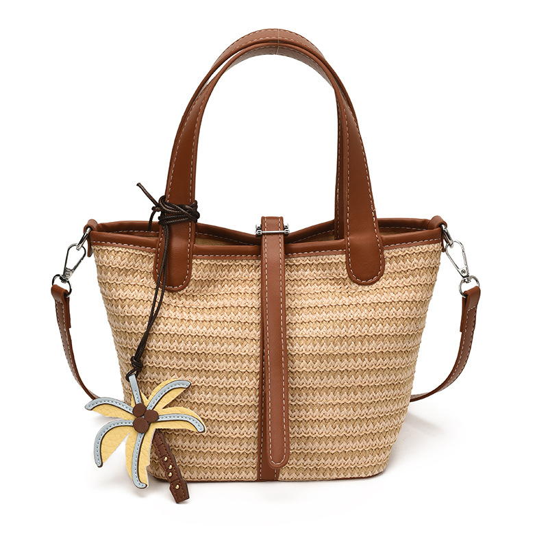 2026 New Woven Bucket Bag for Women Vacation Style Straw Handbag Crossbody Bag Large-Capacity Single-Shoulder Bag