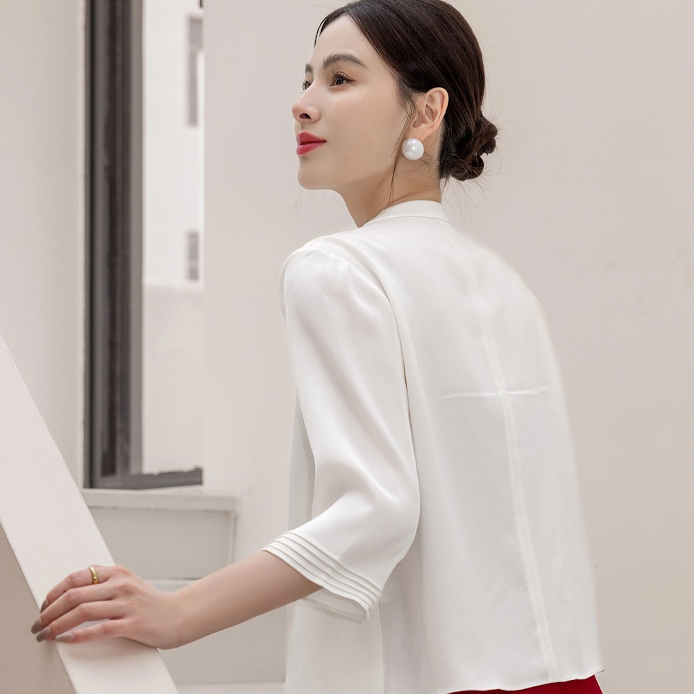2026 summer solid color acetate suit jacket women five-point sleeve collarless short blazer