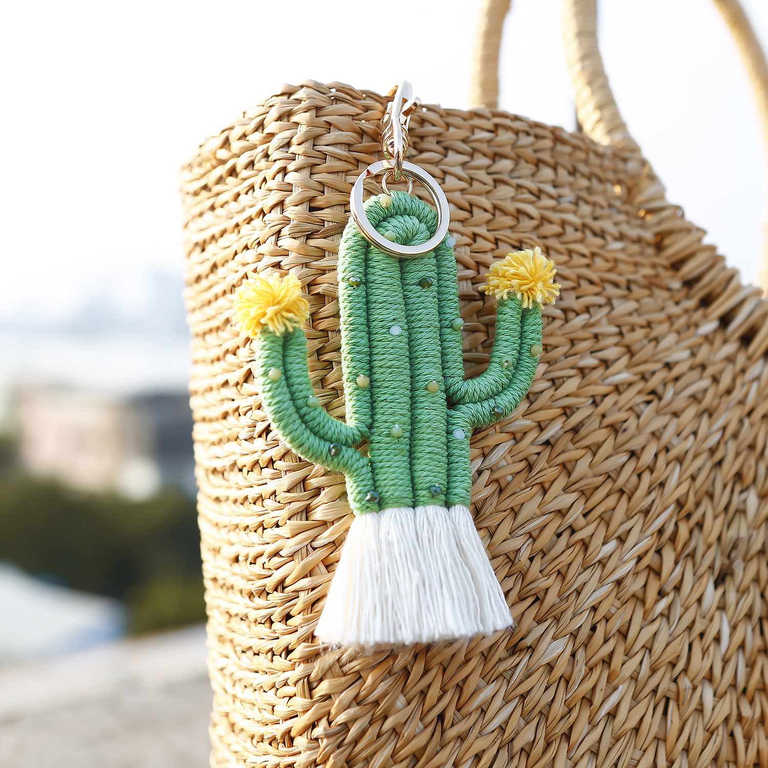 Green Plant Cactus Keychain Bohemian Seed Bead Handwoven Handmade Bag Pendant
