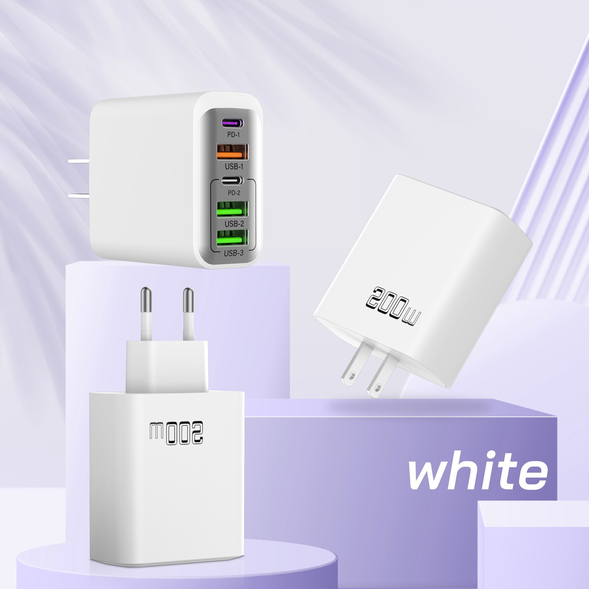 200W Charger UK Plug Multi-Port Phone Charging Head 3USB+2C Plug Type-C Adapter