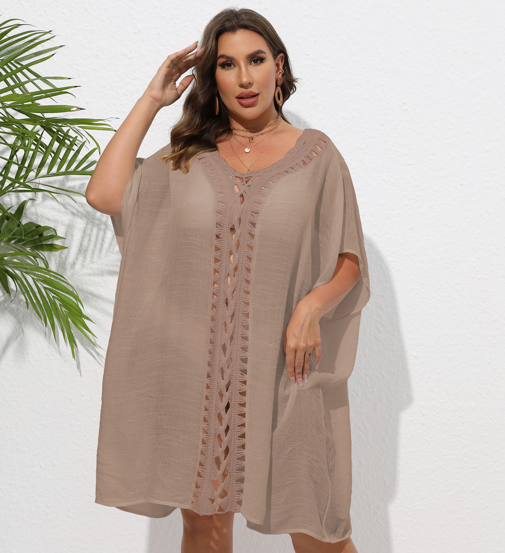 Women's Dress Plus Size Hand-Crocheted Lace-Up Loose Beach Bikini Outer Cover-Up