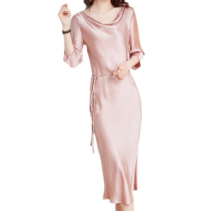 2026 Early Autumn New S562 Heavyweight Silk Dress Simple Slim Fit Five-Quarter Sleeve Long Dress Women