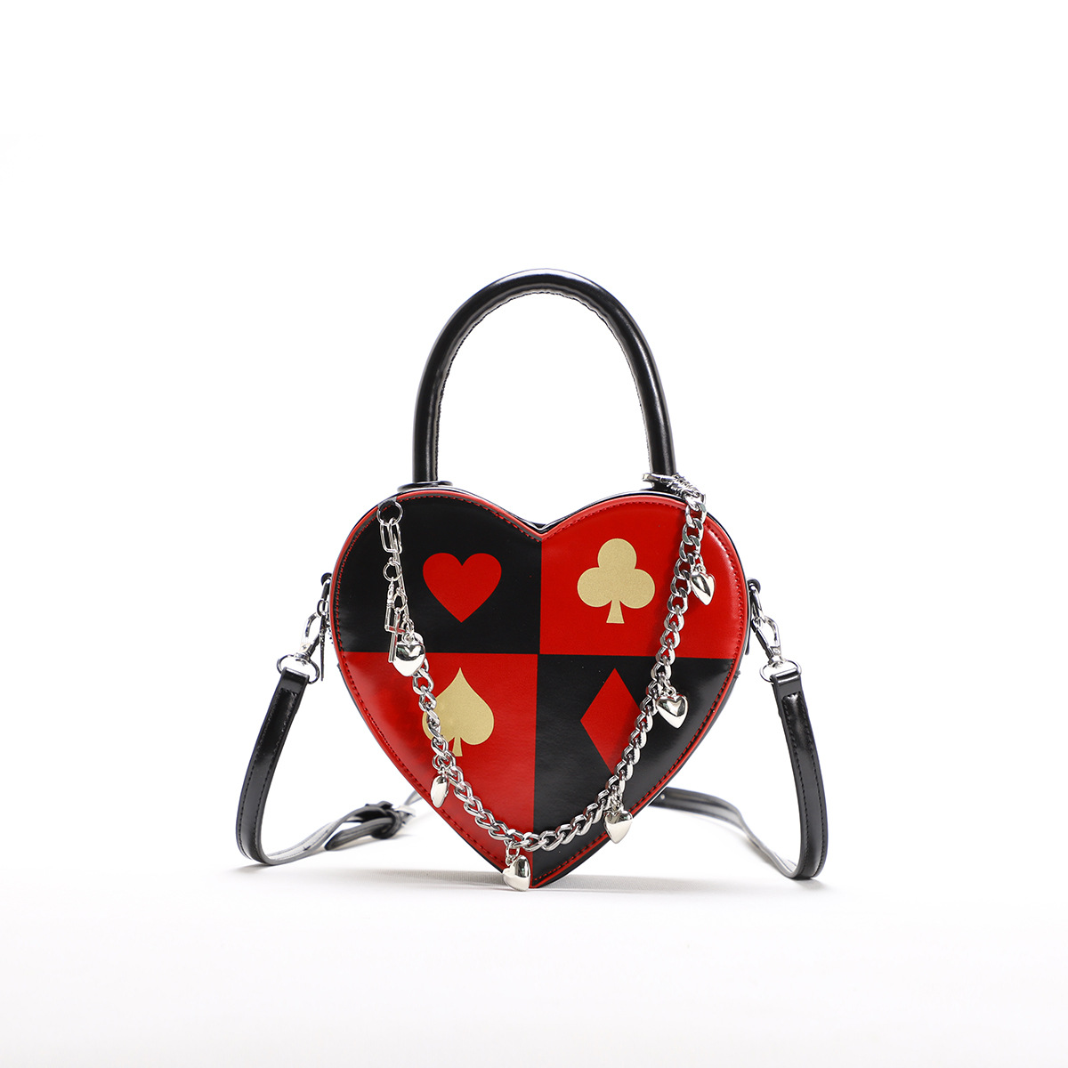 2025 New Heart Bag Women's Poker Print Heart Shape Bag Chain Heart Handle Bag Crossbody Bag
